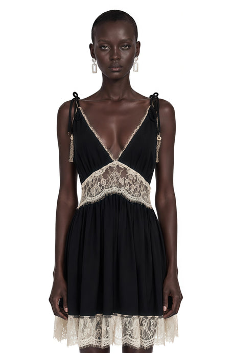 Victoria Mini Dress Black Plunge Neck with Lace Panels