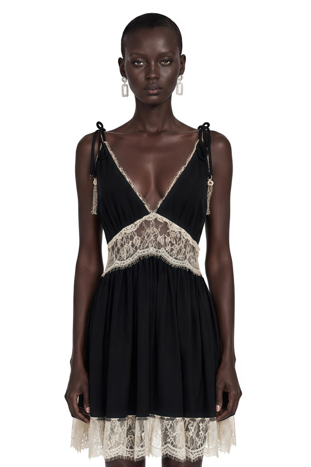 Inci Black Plunge Neck Mini Dress with Lace Panels