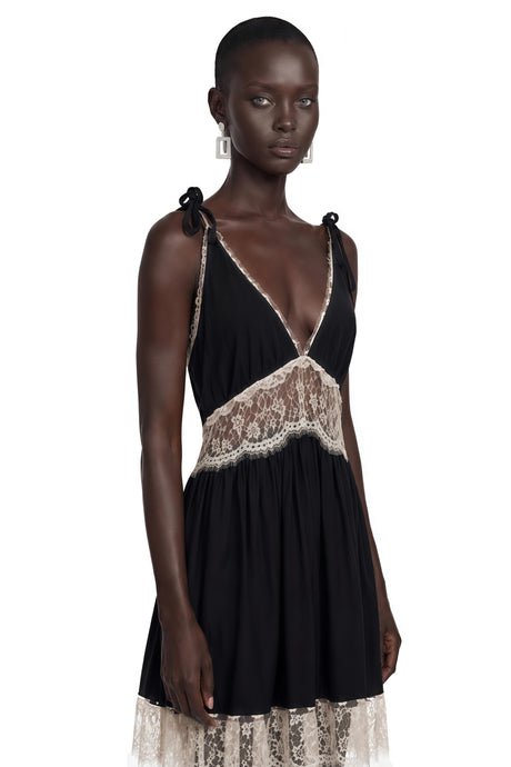 Victoria Mini Dress Black Plunge Neck with Lace Panels