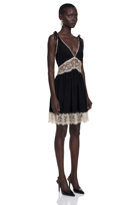 Victoria Mini Dress Black Plunge Neck with Lace Panels