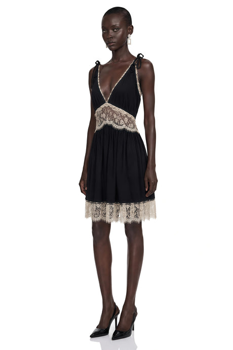 Victoria Mini Dress Black Plunge Neck with Lace Panels