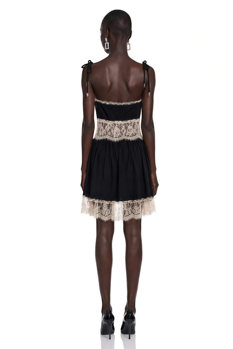 Victoria Mini Dress Black Plunge Neck with Lace Panels