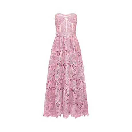 Valeria midi dress lace floral embroidered cut-out in Pink
