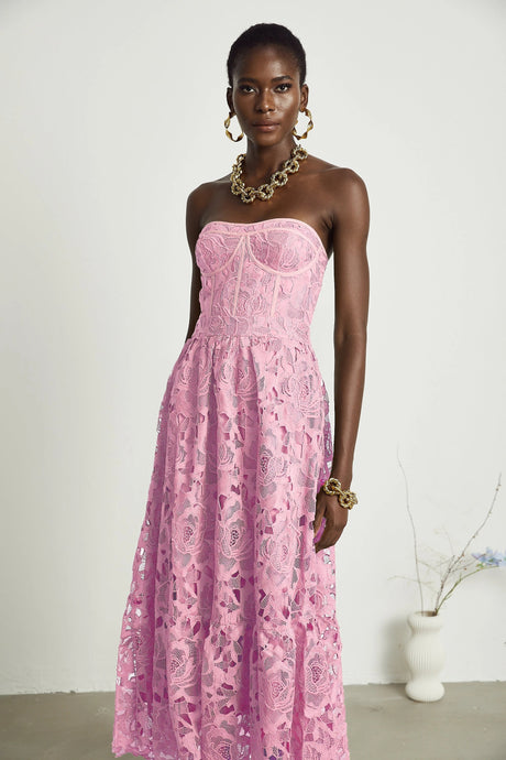 Valeria midi dress lace floral embroidered cut-out in Pink