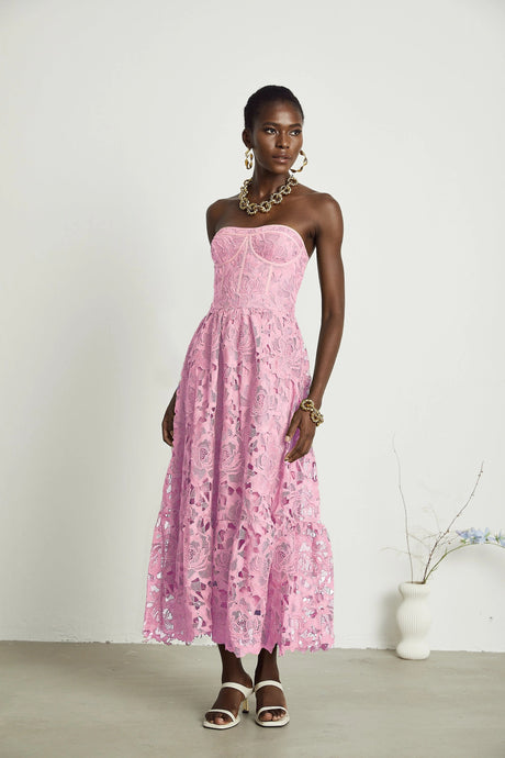 Valeria midi dress lace floral embroidered cut-out in Pink