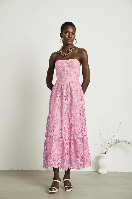 Valeria midi dress lace floral embroidered cut-out in Pink