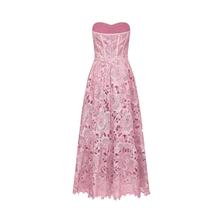 Valeria midi dress lace floral embroidered cut-out in Pink