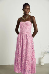 Inès lace floral embroidered cutout midi dress in Pink