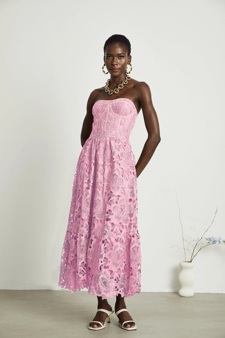 Valeria midi dress lace floral embroidered cut-out in Pink
