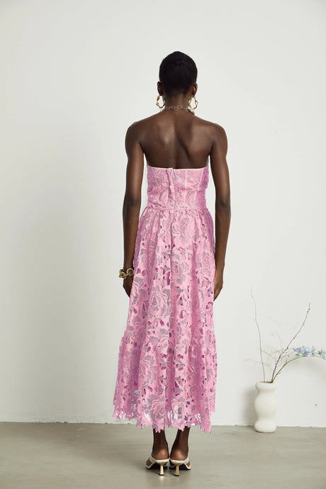 Valeria midi dress lace floral embroidered cut-out in Pink