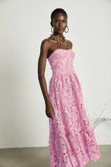 Inès lace floral embroidered cutout midi dress in Pink
