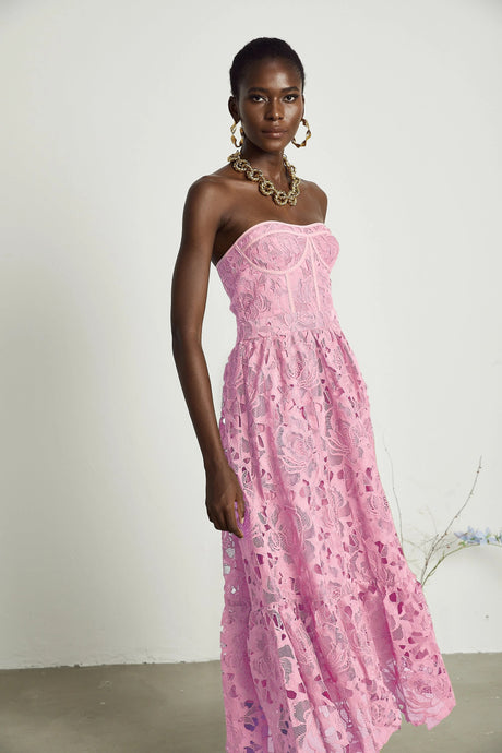 Valeria midi dress lace floral embroidered cut-out in Pink