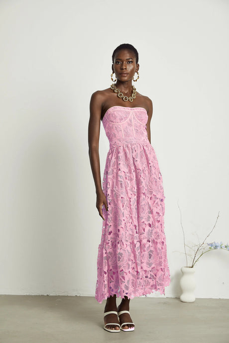 Valeria midi dress lace floral embroidered cut-out in Pink