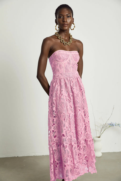 Valeria midi dress lace floral embroidered cut-out in Pink