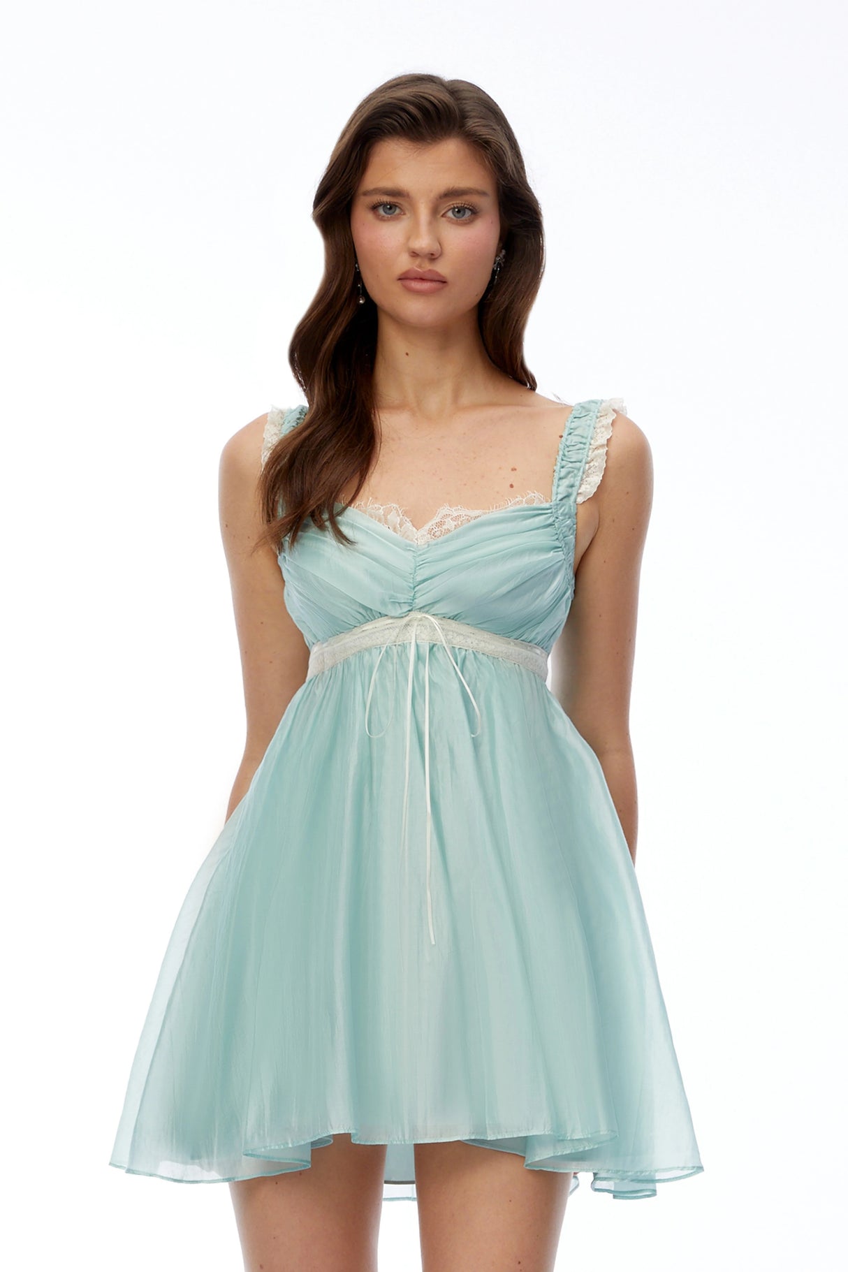 Inez Blue Ruched Mini Dress with Lace Trim