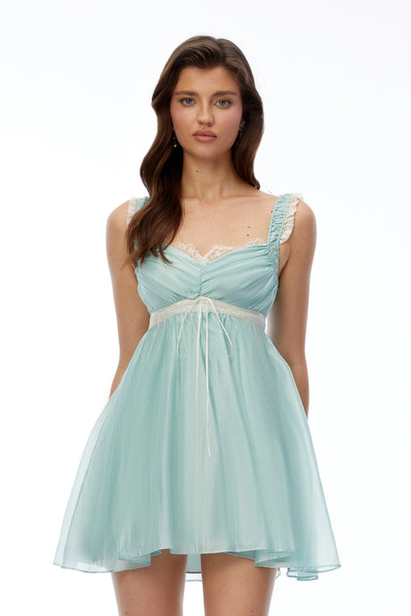 Cassandra Mini Dress Blue Ruched with Lace Trim