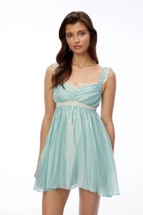 Cassandra Mini Dress Blue Ruched with Lace Trim