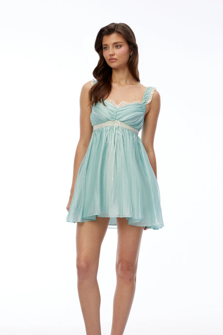 Cassandra Mini Dress Blue Ruched with Lace Trim