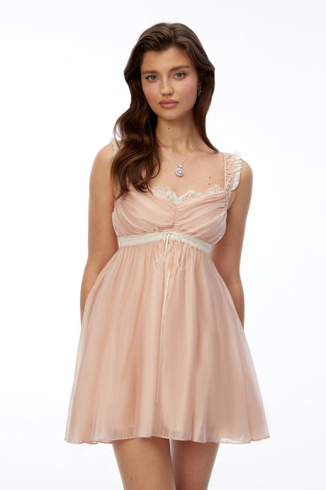 Kayleigh Mini Dress Pink Ruched with Lace Trim
