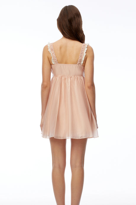 Kayleigh Mini Dress Pink Ruched with Lace Trim