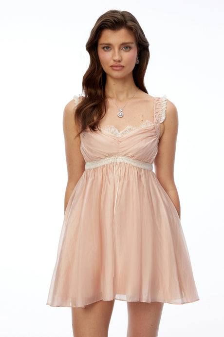Kayleigh Mini Dress Pink Ruched with Lace Trim