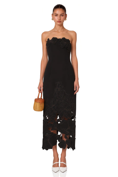 Valentina Maxi Dress Black Strapless Floral Embroidered