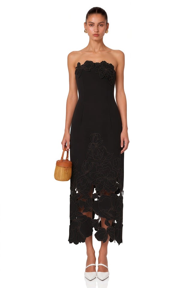 Inga Black Strapless Floral Embroidered Maxi Dress