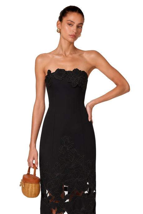 Valentina Maxi Dress Black Strapless Floral Embroidered