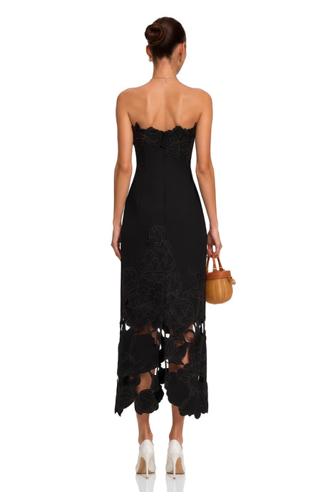 Valentina Maxi Dress Black Strapless Floral Embroidered