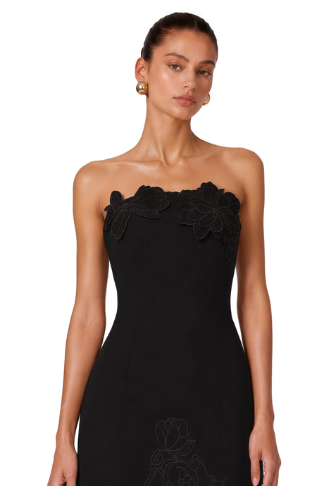 Valentina Maxi Dress Black Strapless Floral Embroidered
