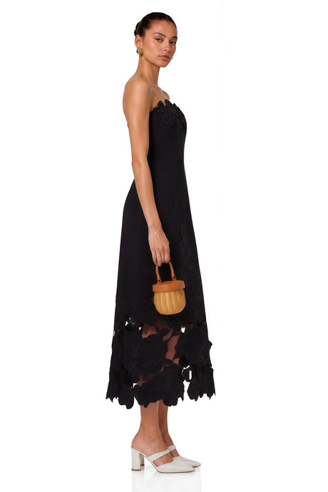 Valentina Maxi Dress Black Strapless Floral Embroidered