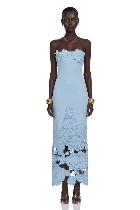 Wendy Maxi Dress Blue Strapless Floral Embroidered