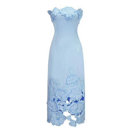 Wendy Maxi Dress Blue Strapless Floral Embroidered