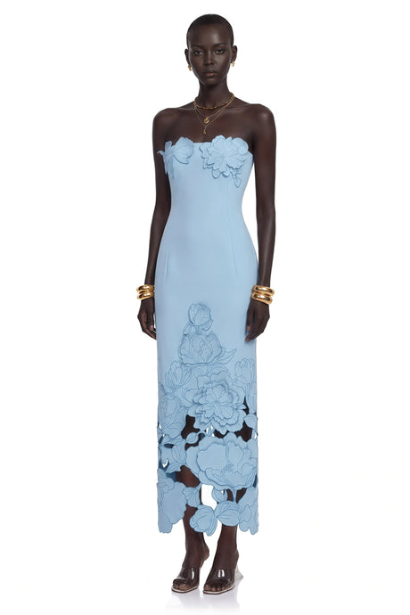 Wendy Maxi Dress Blue Strapless Floral Embroidered