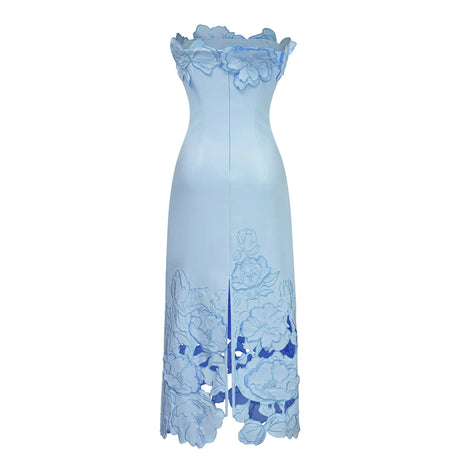Wendy Maxi Dress Blue Strapless Floral Embroidered