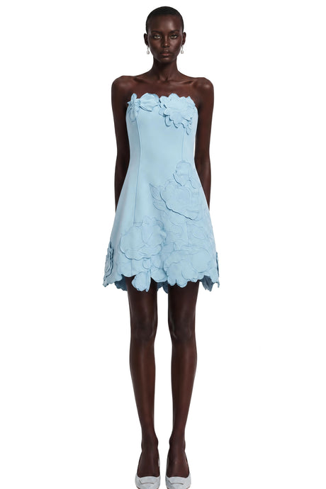 Concetta Mini Dress Blue Strapless Floral Embroidered