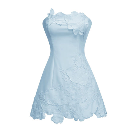 Concetta Mini Dress Blue Strapless Floral Embroidered