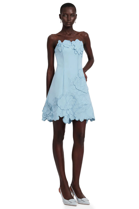 Concetta Mini Dress Blue Strapless Floral Embroidered