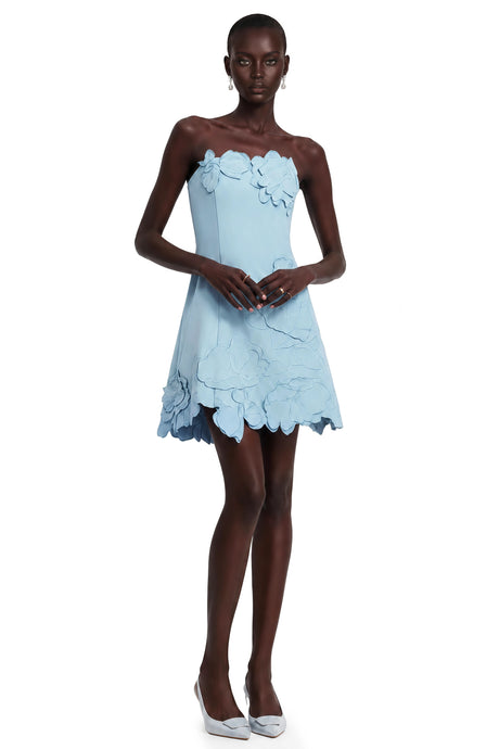 Concetta Mini Dress Blue Strapless Floral Embroidered
