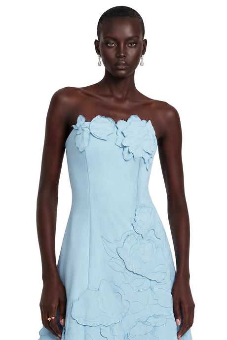 Concetta Mini Dress Blue Strapless Floral Embroidered