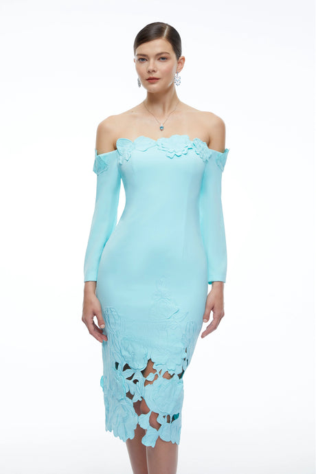 Malina Midi Dress Mint Green Off Shoulder Floral with Cut-Outs