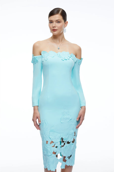 Malina Midi Dress Mint Green Off Shoulder Floral with Cut-Outs