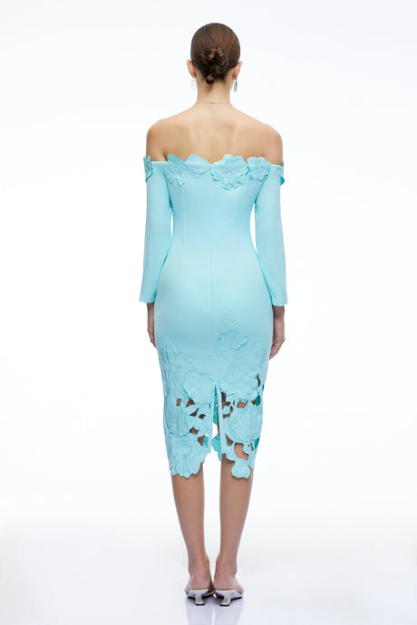 Malina Midi Dress Mint Green Off Shoulder Floral with Cut-Outs