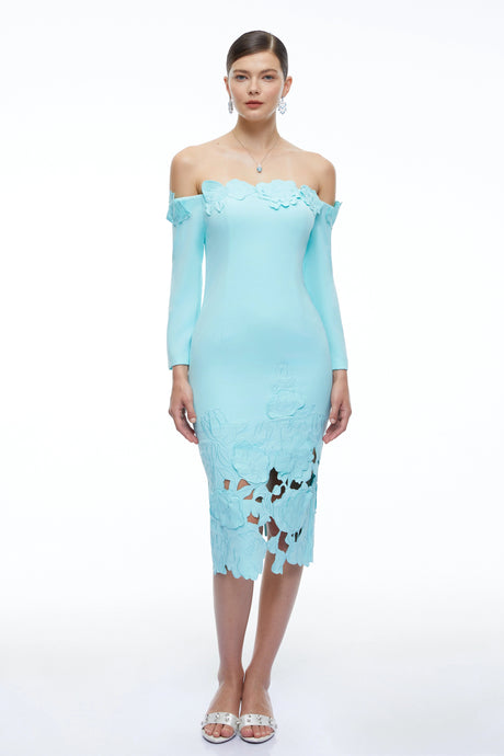 Malina Midi Dress Mint Green Off Shoulder Floral with Cut-Outs