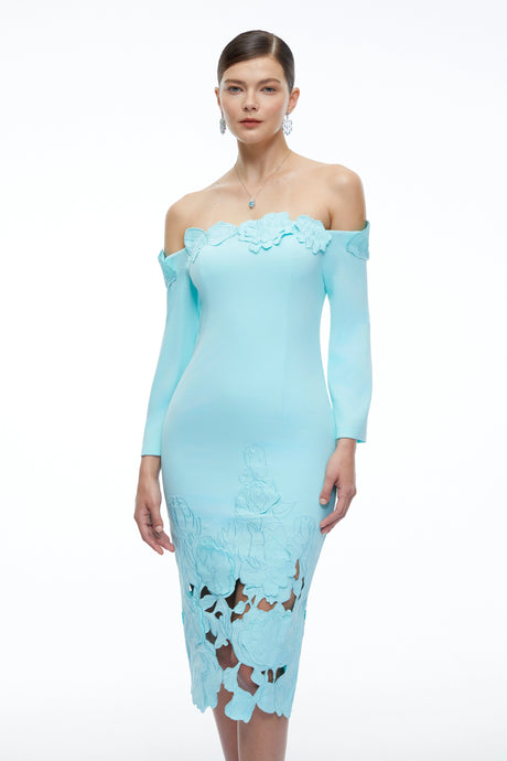 Malina Midi Dress Mint Green Off Shoulder Floral with Cut-Outs