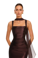 Inmaculada Brown Ruched Satin Maxi Dress Without Gloves
