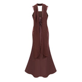 Inmaculada Brown Ruched Satin Maxi Dress Without Gloves