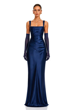 Inmaculada Sapphire Ruched Satin Maxi Dress Without Gloves