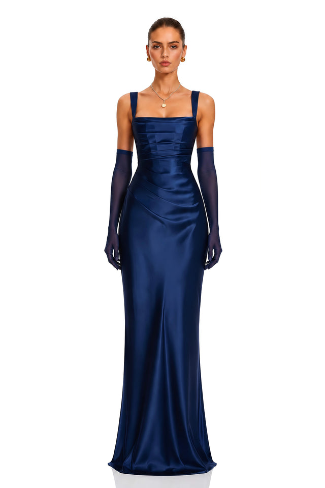 Inmaculada Sapphire Ruched Satin Maxi Dress Without Gloves