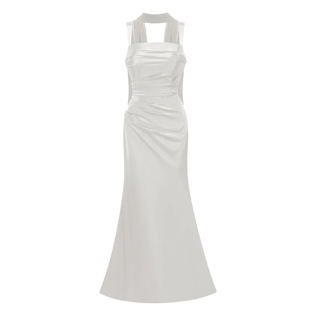 Inmaculada White Ruched Satin Maxi Dress Without Gloves